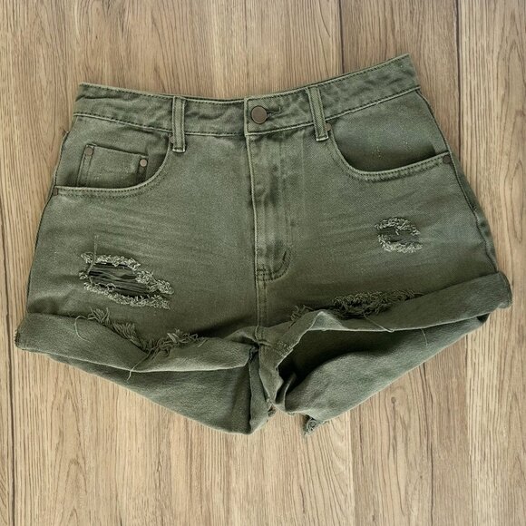 Mustard Seed Pants - Mustard Seed Distressed Olive Green Denim Shorts